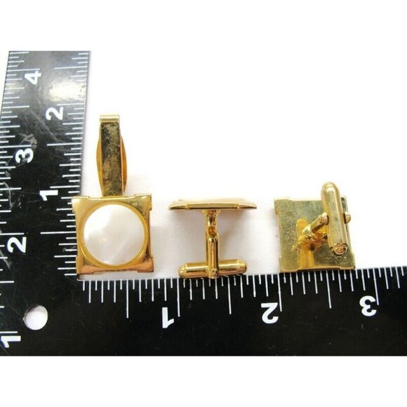 Square Gold-Tone & MOP Cufflinks Set w Tie Clasp Tux Shirt Dress Suit Vintage - Picture 4 of 6